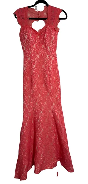 Floral Lace Mermaid Gown Coral Pink Sweetheart Neckline Cutout Back Formal Dress thumbnail 1