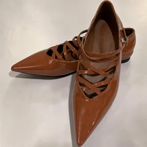 Women’s Pointed Toe Mary Jane Flats Brown Patent Crisscross Strappy Size 41 thumbnail 5
