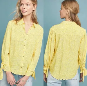 Maeve Yellow Collared Button-Down Tie Cuff Long Sleeve Blouse✨ thumbnail 3