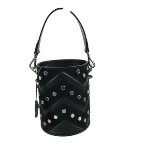 SALAR Italian Leather Studed Bucket Handbag Black Boho Luxury Rare Made In Italy thumbnail 6