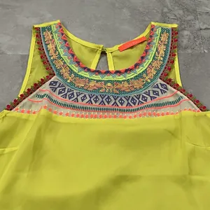 Lulumari Women's Yellow Embroidered Sleeveless Tank‎ Top Size Large L thumbnail 2