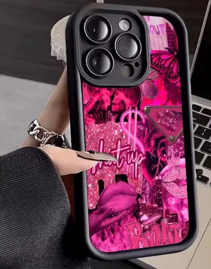 Black & Hot Pink “Level Up” Graphic Phone Case – Money & Butterfly Design – Fits Select iPhone Pro/Pro Max Models thumbnail 1