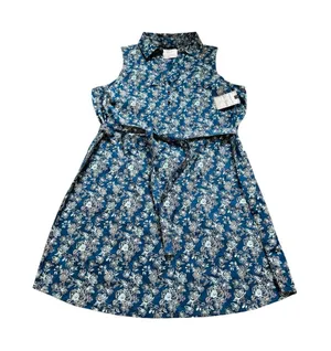 Old Ranch Blue Floral Shirt Dress Sleeveless Tie Belt Vacation Cotton Casual thumbnail 1