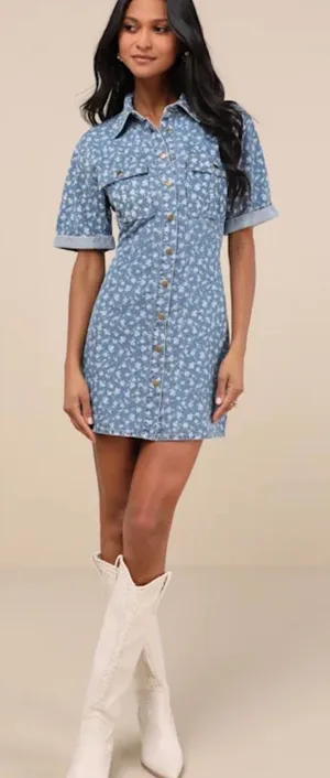 Lulus Renske Light Wash Floral Print Denim Mini Dress Size XL thumbnail 1