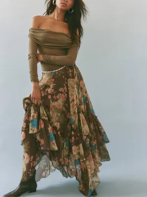 Free People Palermo Villa Chiffon Maxi Skirt in Chocolate Combo 0 thumbnail 9