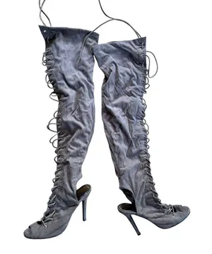 Lace Up Stiletto Heel Heels over the knee -Gray Faux Suede, Size 7 - 4.5”heels thumbnail 1