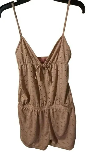 Love to Sleep Romper Coffee Eyelet Tie Front Adj Straps M thumbnail 1
