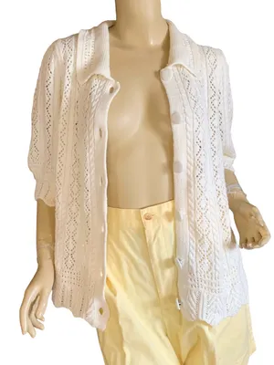 Lands' End Pointelle Knit Cotton Blend White Puffed Sleeve Cardigan (Xl) thumbnail 7