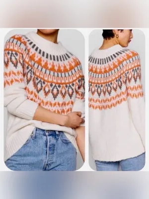 Aerie Pullover Knit Sweater Women's Cream Fair Isle Long Sleeve Sz S/P thumbnail 2