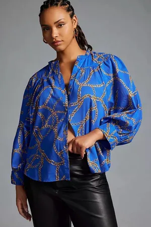Maeve Anthropologie Blue Chain Print Balloon Sleeve Button Front Blouse XL thumbnail 1