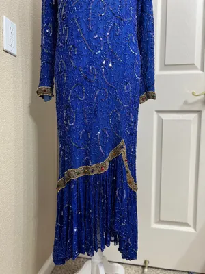 Vintage Tan-Chho Pure Silk Beaded Sequin Maxi Gown Dress Royal Blue Size XL 80’s thumbnail 7