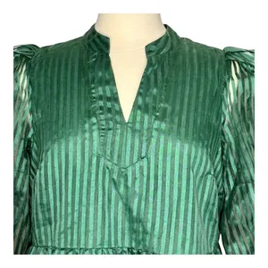 Crown & Ivy Tiered Mini Dress Womens Large‎ Green Striped Puff Sleeve Babydoll thumbnail 8