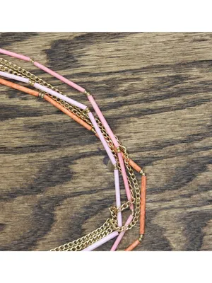NWT Michelle Seed Beaded Dangly Earrings Necklace Set Gold / Pink 31" + 2" thumbnail 3