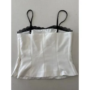 White Satin Lace Trim Cami Top Women’s Adjustable Straps Y2K Minimalist thumbnail 4