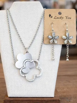 LUCKY YOU Antique Look Clover Rhinestone Pendant Chain Necklace Set Silver thumbnail 1