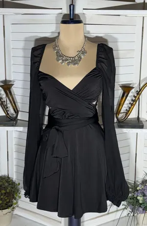 Lucy in the Sky black mini dress puff sheer sleeve plunge V cocktail homecoming thumbnail 1