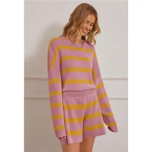 NEW 2 Pc Oversized Sweater Lounge Set Striped Long Sleeve Shorts L thumbnail 6