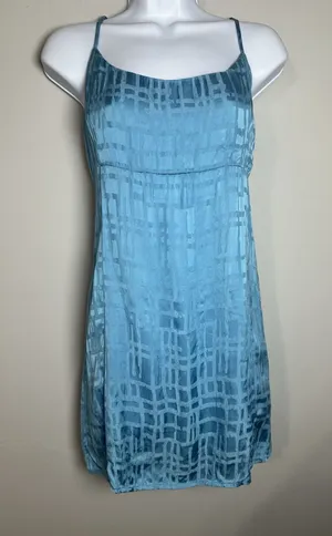 Ghanda Coastal Blue Satin Mini Slip Dress Tie Back Geometric‎ Jacquard Size M thumbnail 1