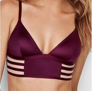 Victoria's Secret Strappy Mesh Long Line Plunge Satin Maroon Bralette Size M thumbnail 1