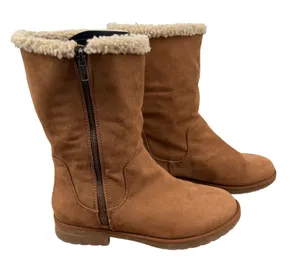 Old Navy‎ Womens Faux Suede Mid Calf Boots Brown Faux Fur Trim Side Zip Size 9 thumbnail 1