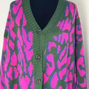 Umgee USA Pink Green Animal Print Button Front Cardigan Sweater Medium Boho thumbnail 3