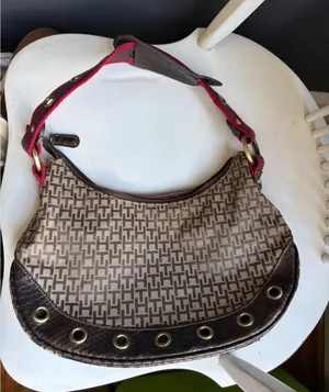 Tommy Hilfiger Brown & Beige Monogram Shoulder Bag with Red Strap thumbnail 1
