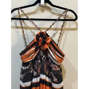 bdba Silk Maxi Dress Size Small Resort Ocean Beaded Straps Stripped 3D Halter‎ thumbnail 4