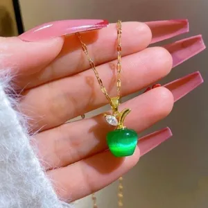 18K Gold Plated Emerald Green Crystal Apple Pendant Necklace for Women thumbnail 1