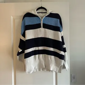 Aerie Oversized Blue & White Striped Quarter Zip Sweater thumbnail 4
