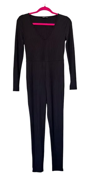 SHEIN Black Ribbed Long Sleeve V-Neck Jumpsuit thumbnail 1