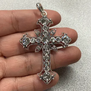 Silver Tone Cross Rhinestone Ornate Pendant Necklace Statement Religious Faith thumbnail 3