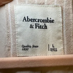Abercrombie &‎ Fitch Womens L Tan White Striped Linen Blend Open Front Blazer thumbnail 3