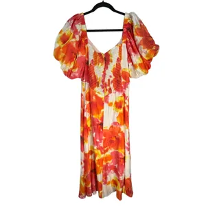 Alex Marie Monroe Floral Midi Dress Orange Red Tie‎ Dye Puff Sleeve Size 16 NEW thumbnail 10