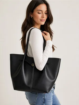 A New Day Black Belted Pinched Handle Large Tote Bag Faux Leather Snap Closure thumbnail 2