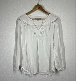 Loft White Lace Detail Blouse Large Long Sleeves Relaxed Flowy thumbnail 1