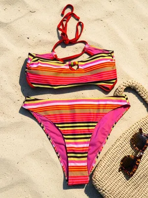 No Boundaries Multi-Color Striped Beaded Keyhole Bikini Top and Cheeky High Leg thumbnail 1