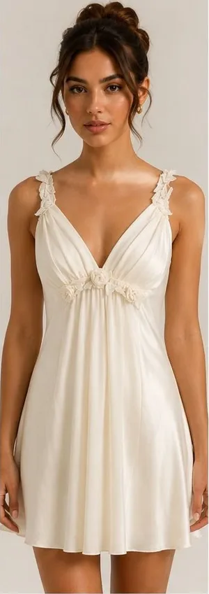 Flora Nikrooz Slip Dress Womens Small Ivory Satin Floral Strap Chemise thumbnail 1