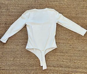 - 3/4 Sleeve Square Eyes Thong Bodysuit, white, size small thumbnail 11