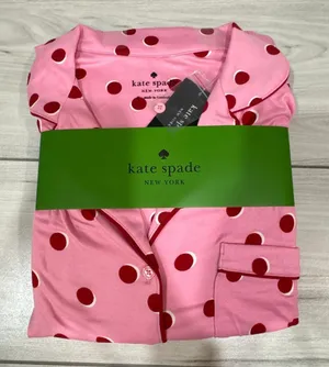 NWT Kate Spade New York Long Sleeve Knit Notch Collar Pajama Set in pink with re thumbnail 1