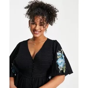 ASOS DESIGN cotton poplin embroidery shirred bodice mini dress in black thumbnail 4