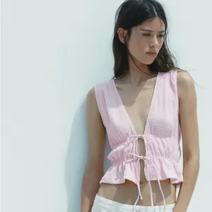 NWT Zara women’s Pink Gingham Tie-Front Top medium thumbnail 2