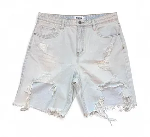 NEW TWIIN 90s Grunge Faded Blue Distressed Boyfriend Cut-Off Denim Shorts — L thumbnail 1