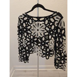 Rebellion Again Floral Crochet Top Black White Open Knit Daisy Sweater Women L thumbnail 5