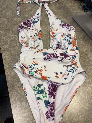 Cupshe White Floral Halter One-Piece Swimsuit with Purple & Orange Flowers thumbnail 1