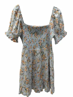 American Eagle Floral Smocked Mini Dress Blue Linen Blend Boho Cottagecore M thumbnail 7