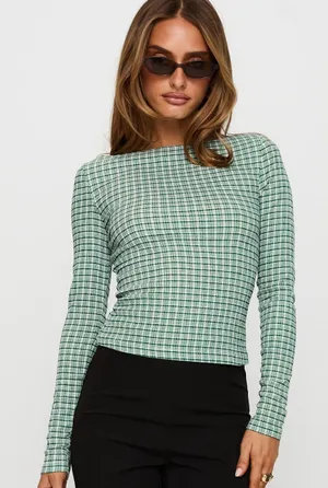 Princess Polly Every Second Boat Neck Long Sleeve Top Green Check thumbnail 1