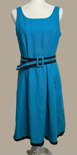 Talbots Pure Irish Linen Blue Midi Dress W/ Belt Women’s Size 10 Lined thumbnail 1