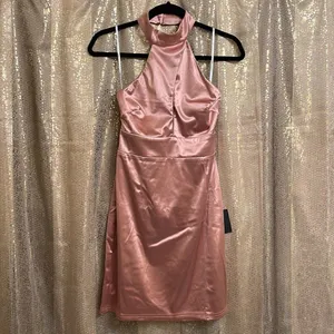 Lulus impressive style mauve satin halter bodycon mini dress, size L NWT thumbnail 5