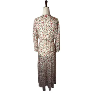 Pink Lily Floral Maxi Duster Women Small Ivory Tassel Boho Resort Cover Up Sheer thumbnail 3