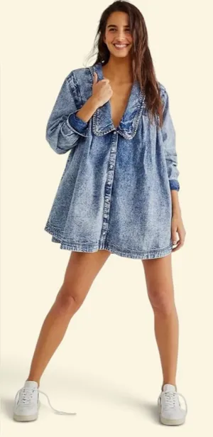 Free People Ruffle Collar Denim Swing Blouse - Lightest Indigo Blue SZ Amall thumbnail 1